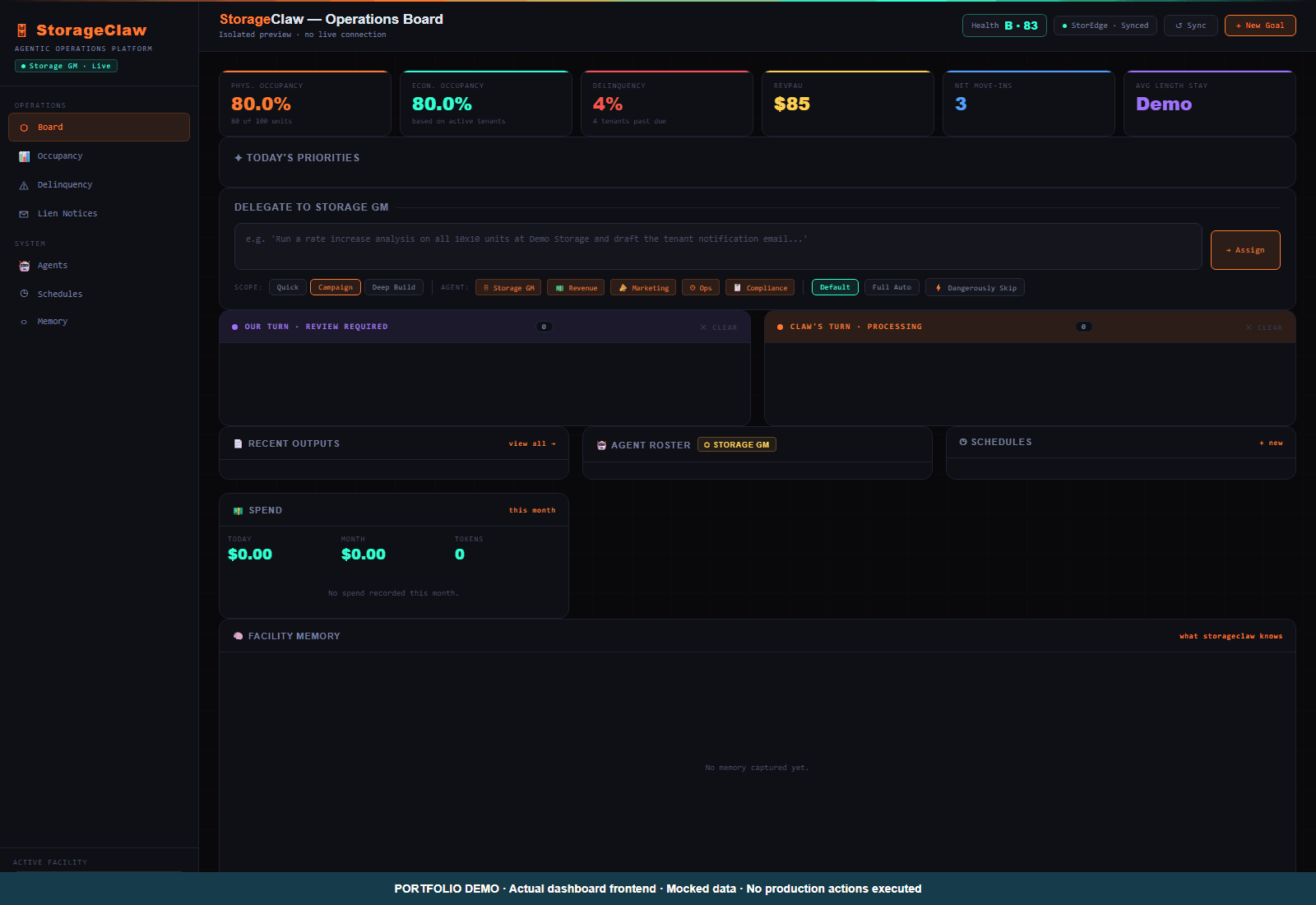 Storage operations dashboard shown as a demonstration with sample data